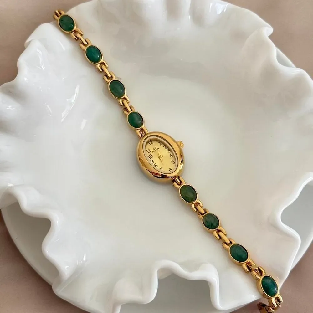 Dainty Gold and Green Stone Y2k stainless steel quartz charm watch